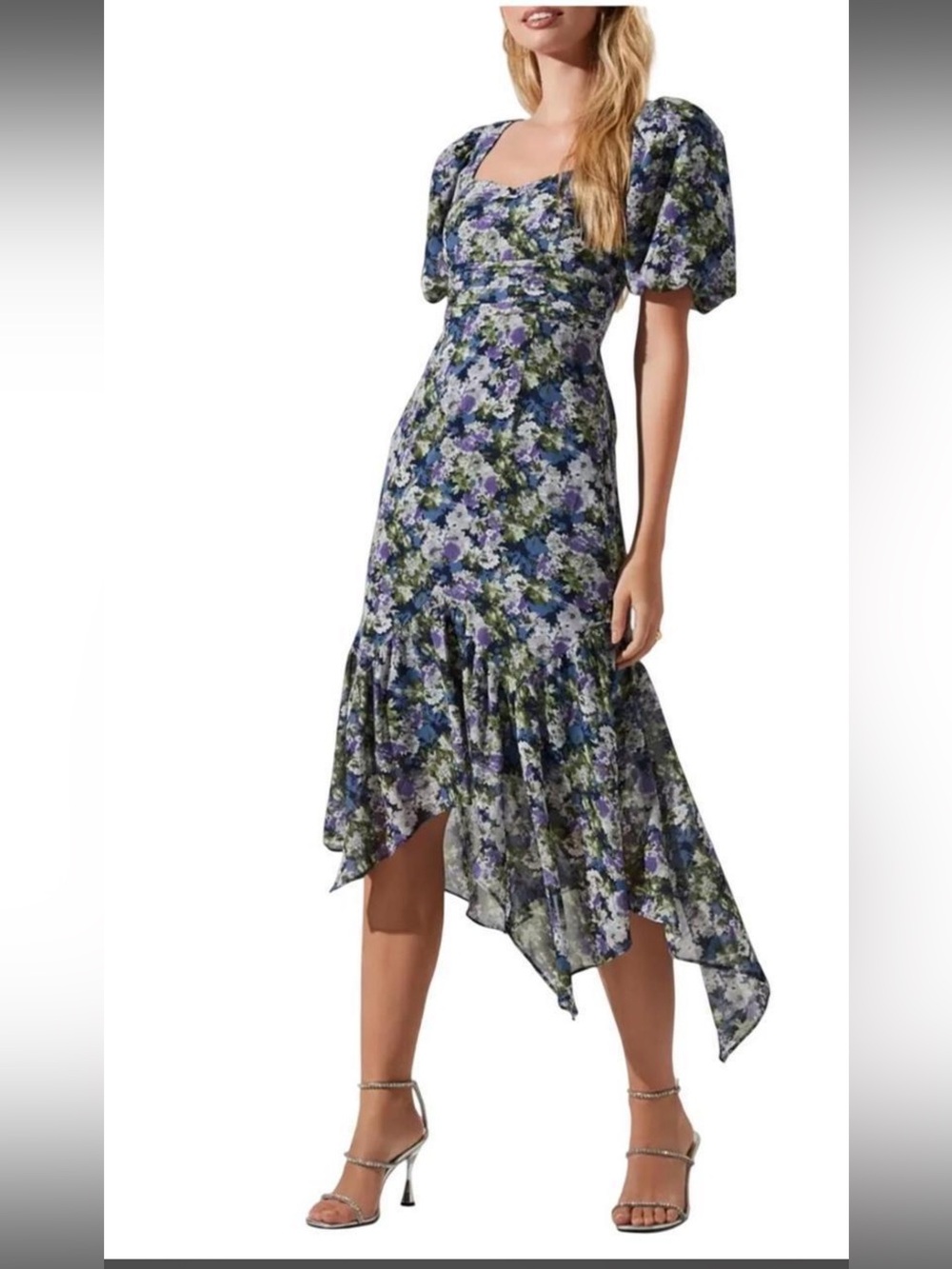 ASTR the Label Blue Multi Floral Asymmetrical Hem Midi Dress M